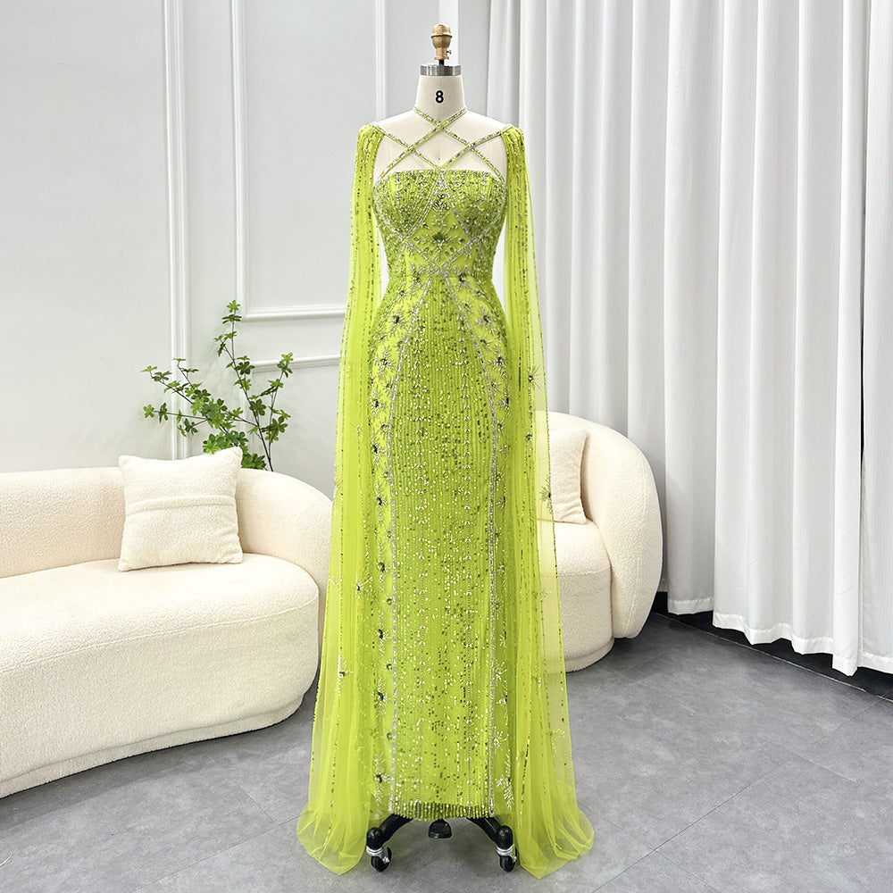 SAMARA Luxury Mermaid with Cape Sleeves Criss Cross Evening Dress Mscooco.co.uk