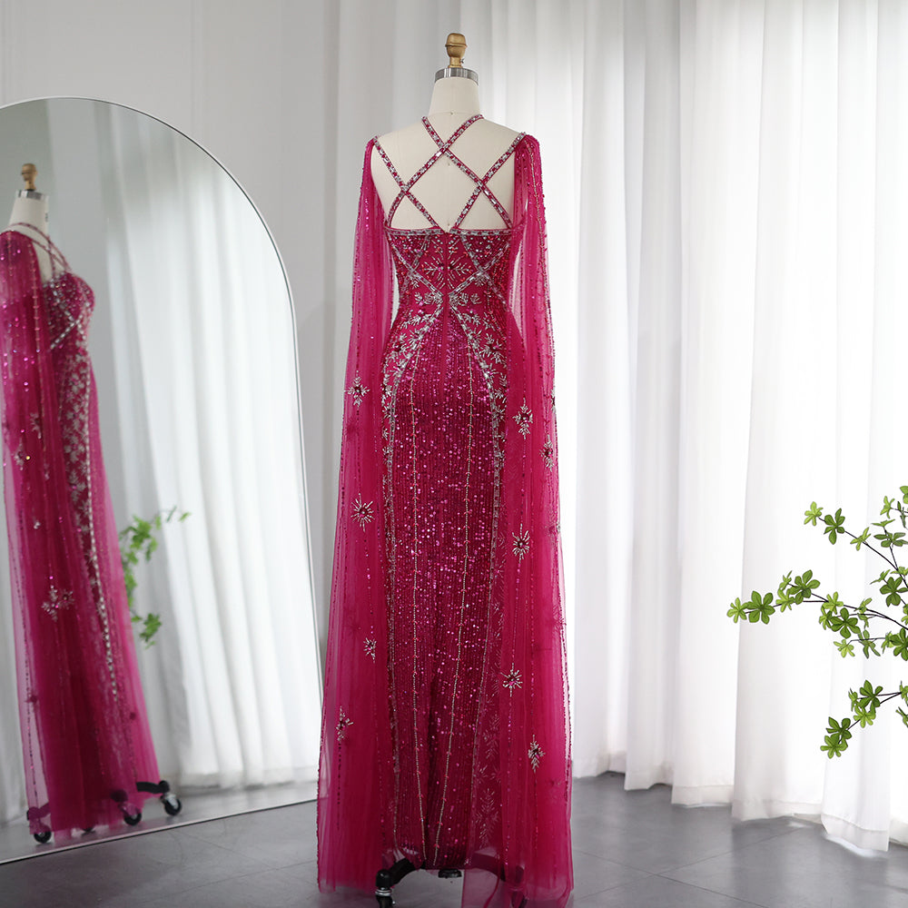 SAMARA Luxury Mermaid with Cape Sleeves Criss Cross Evening Dress Mscooco.co.uk