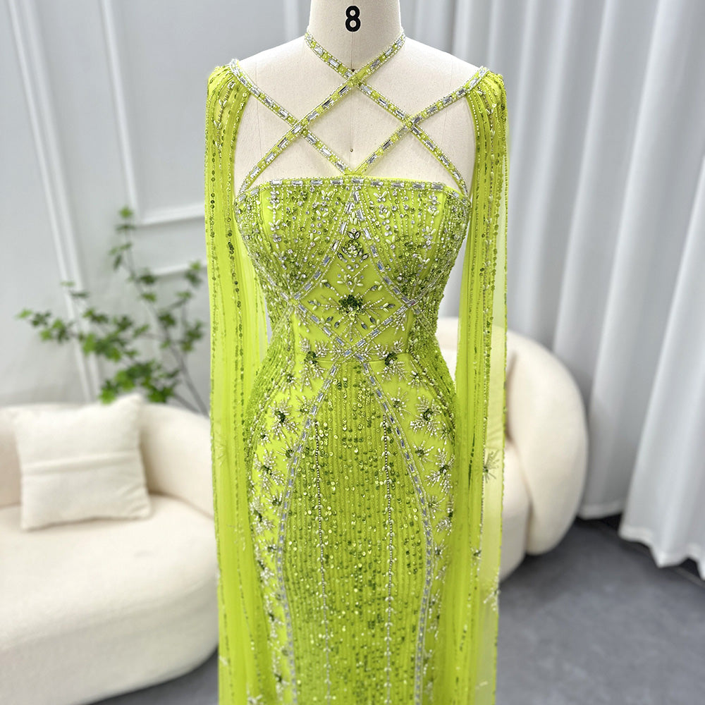 SAMARA Luxury Mermaid with Cape Sleeves Criss Cross Evening Dress Mscooco.co.uk