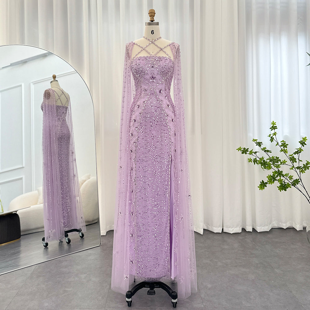SAMARA Luxury Mermaid with Cape Sleeves Criss Cross Evening Dress Mscooco.co.uk