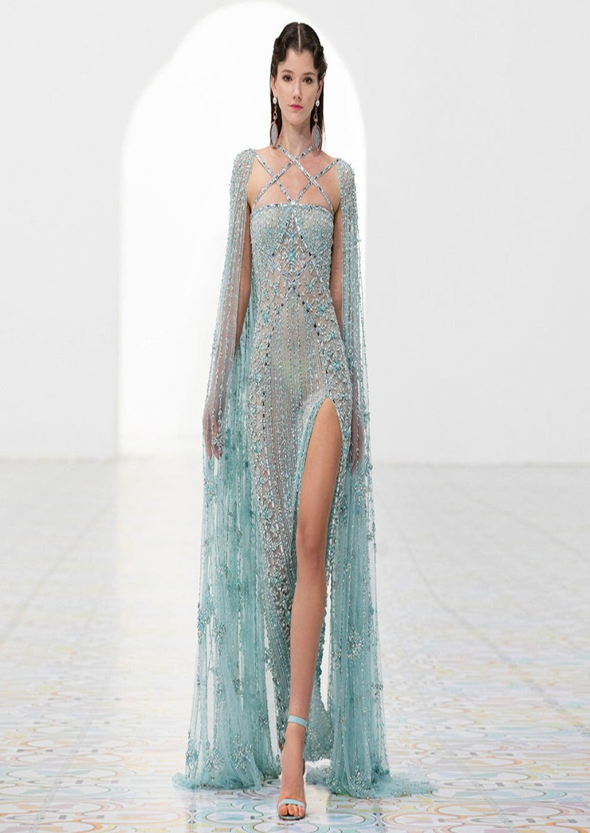 SAMARA Luxury Mermaid with Cape Sleeves Criss Cross Evening Dress Mscooco.co.uk