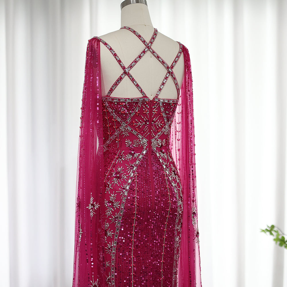 SAMARA Luxury Mermaid with Cape Sleeves Criss Cross Evening Dress Mscooco.co.uk