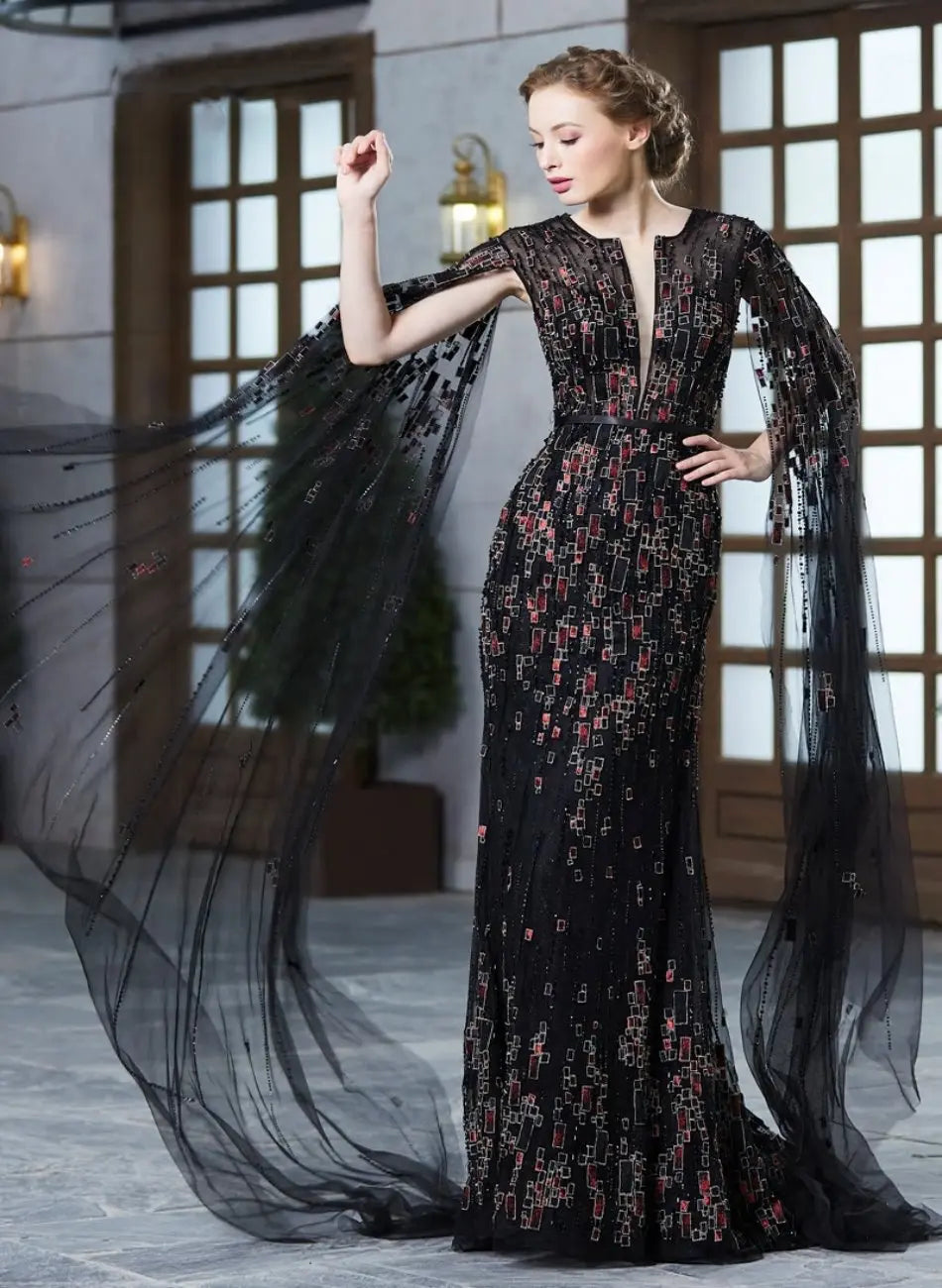 SABRIYA - Deep V-Neck Beaded Embroidery Gown Mscooco.co.uk