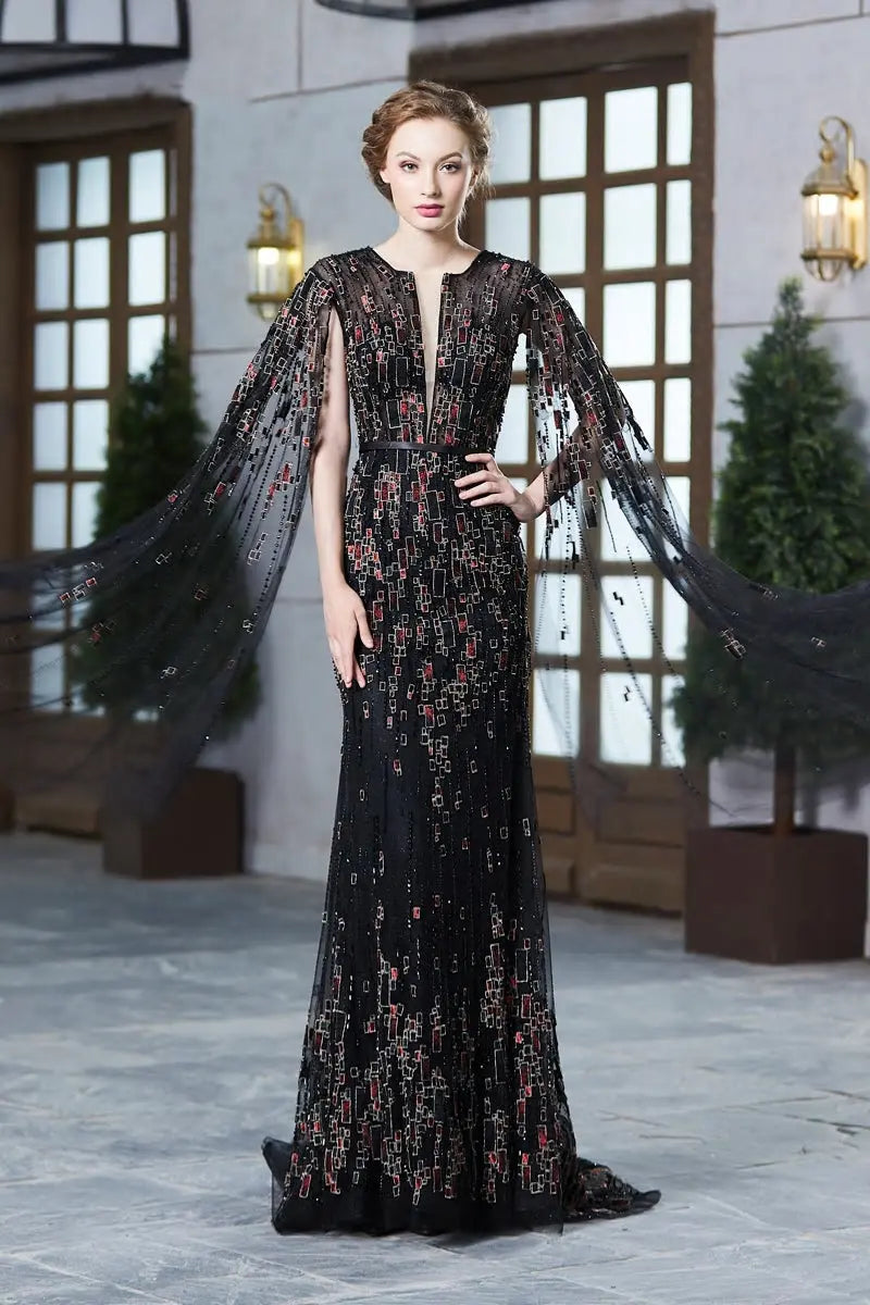 SABRIYA - Deep V-Neck Beaded Embroidery Gown Mscooco.co.uk