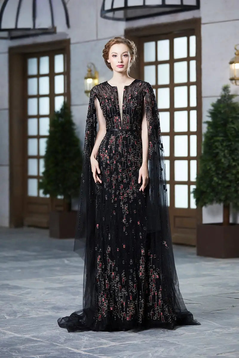 SABRIYA - Deep V-Neck Beaded Embroidery Gown Mscooco.co.uk