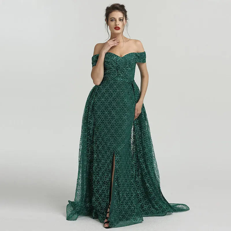 SAINA - Green Glitter Mermaid Evening Gown Mscooco.co.uk