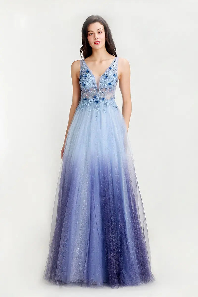 Elegant V-neck Illusion A-line Evening Party Gowns - MSCOOCO
