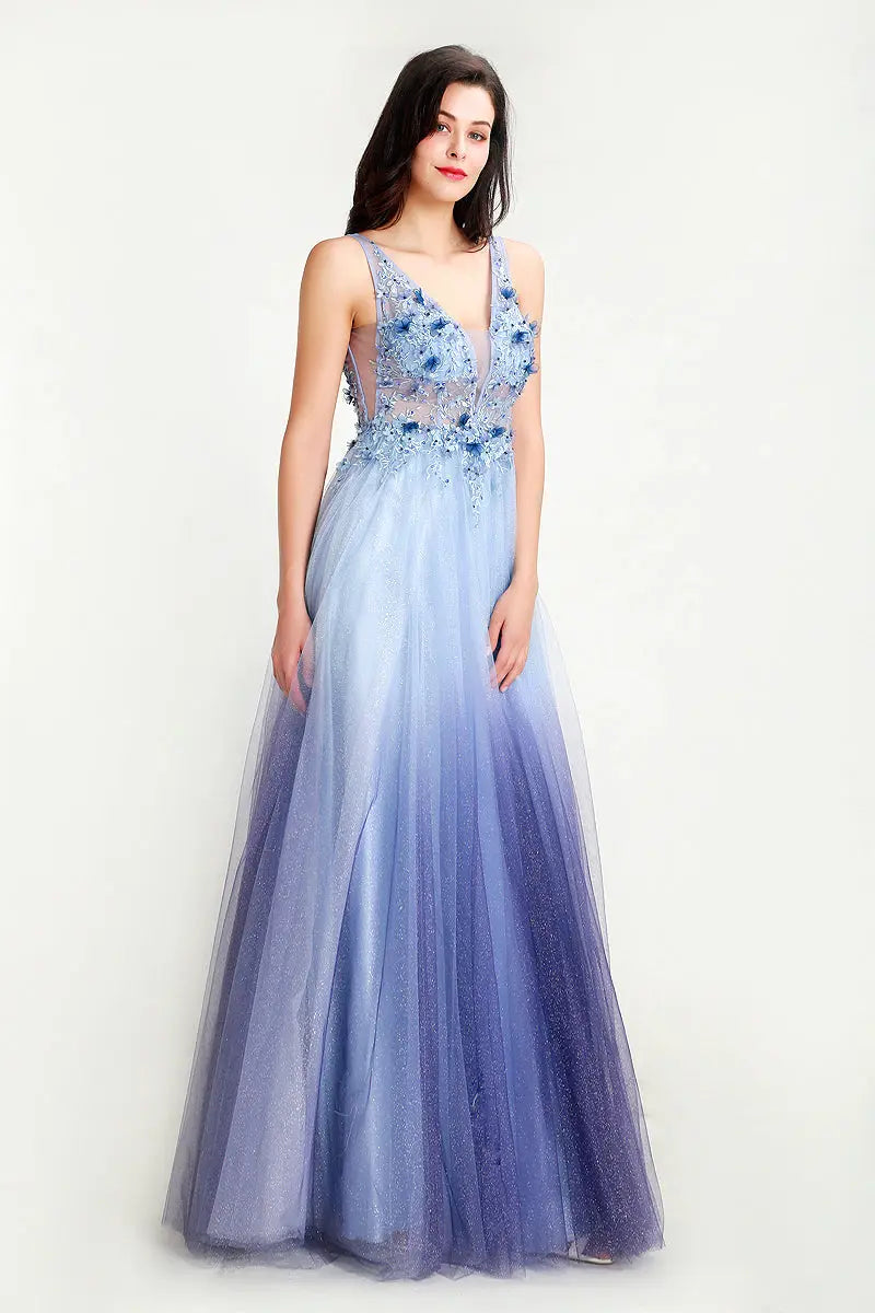 Elegant V-neck Illusion A-line Evening Party Gowns - MSCOOCO