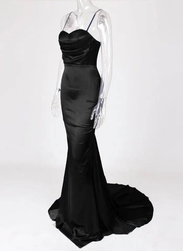 Satin Mermaid V Neck Bodycon Floor Length Dress - MSCOOCO