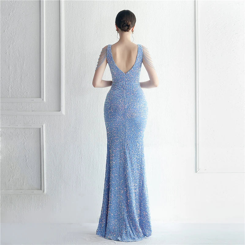 Velvet Sequin V Neck Maxi Dress Mscooco.co.uk