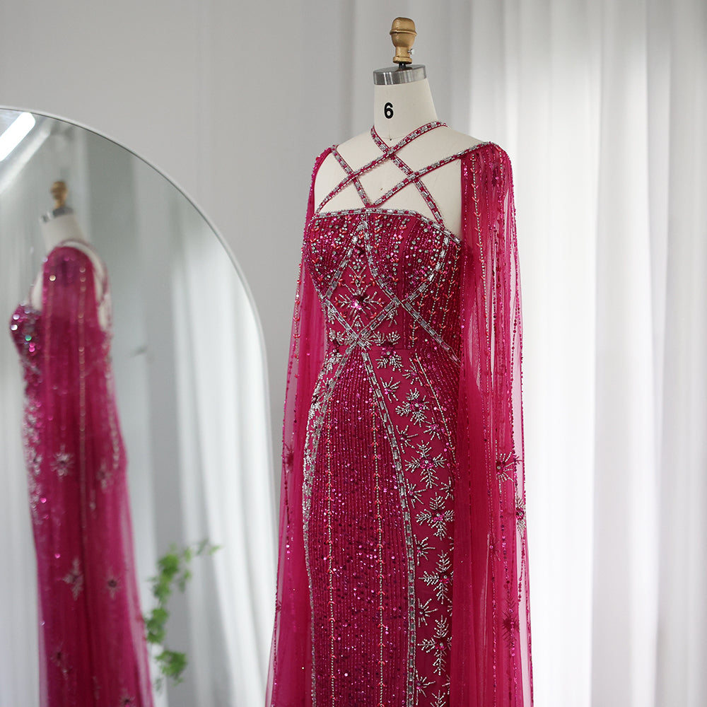 SAMARA Luxury Mermaid with Cape Sleeves Criss Cross Evening Dress Mscooco.co.uk