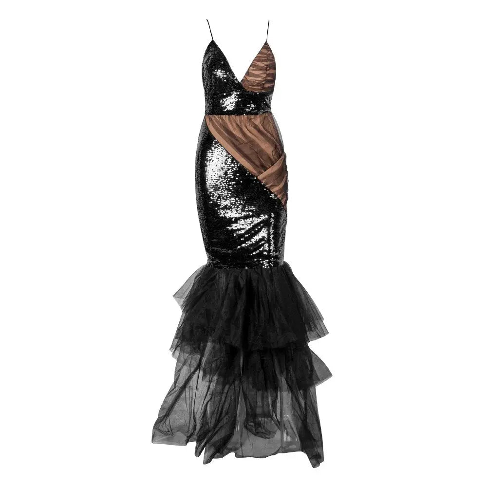 Sequins Mesh Stitching Fluffy Fishtail Bodycon Maxi Dress - MSCOOCO
