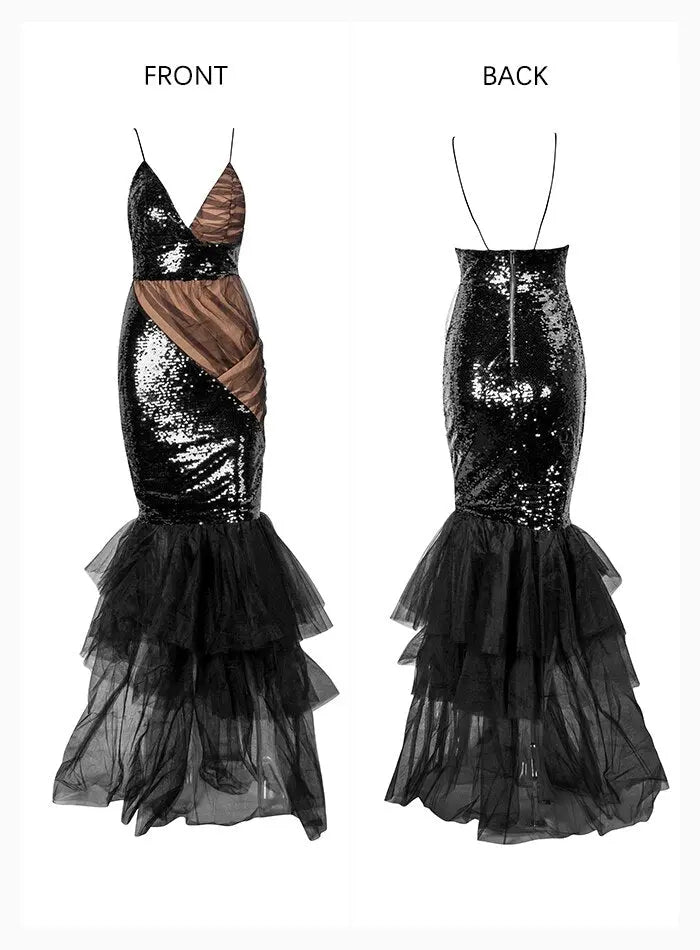 Sequins Mesh Stitching Fluffy Fishtail Bodycon Maxi Dress - MSCOOCO
