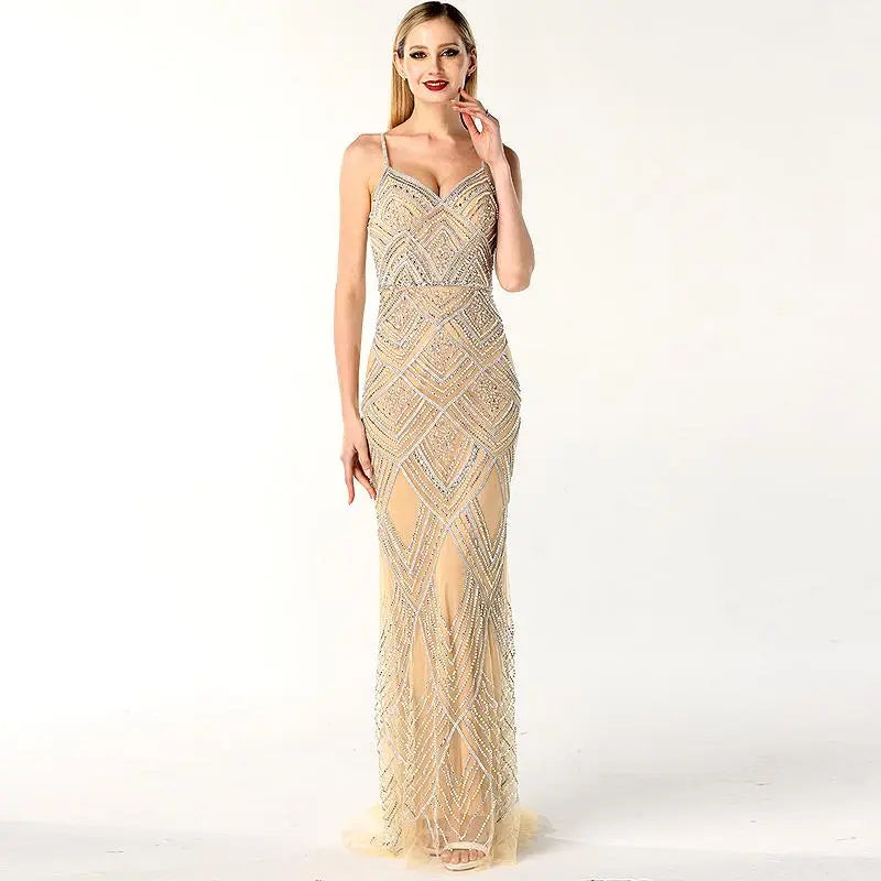 Sevilla Beaded Nude Sliver Gown - MSCOOCO