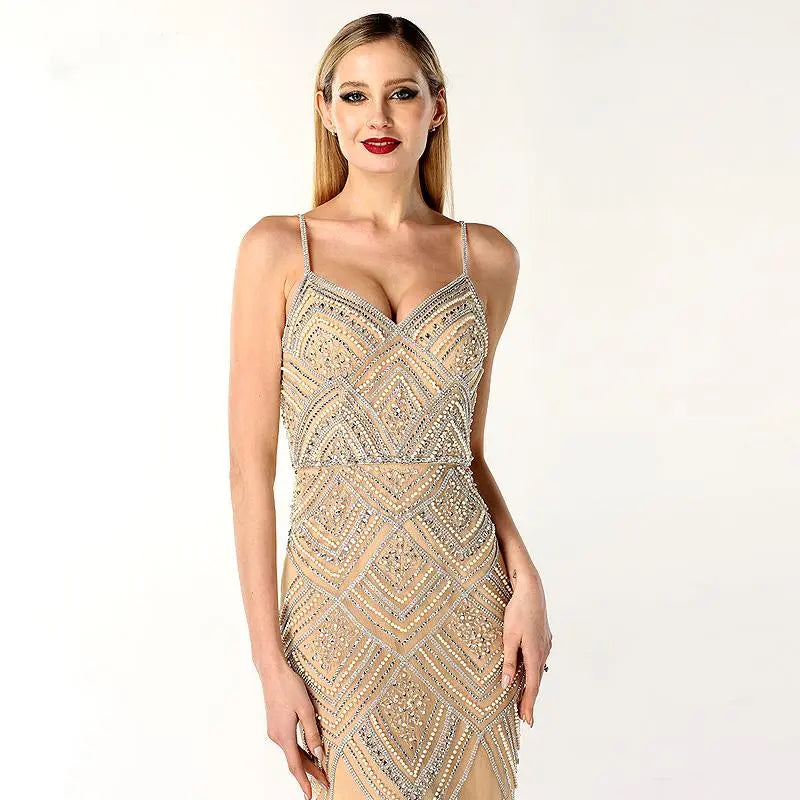 Sevilla Beaded Nude Sliver Gown - MSCOOCO
