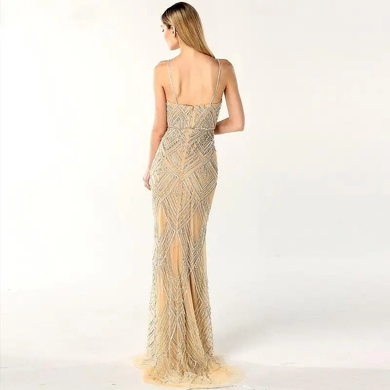 Sevilla Beaded Nude Sliver Gown - MSCOOCO