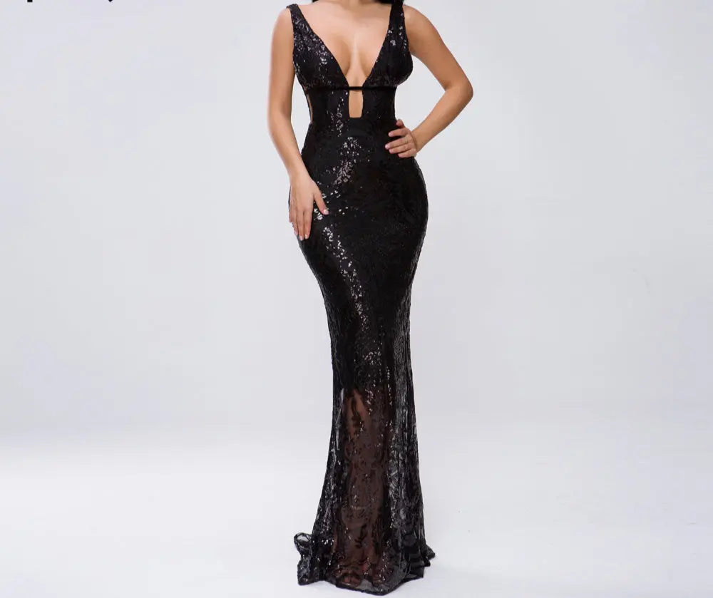 Sexy Hollow Out Sequin Maxi Dress - MSCOOCO
