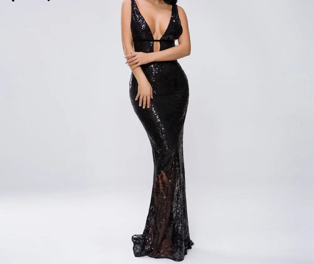 Sexy Hollow Out Sequin Maxi Dress - MSCOOCO