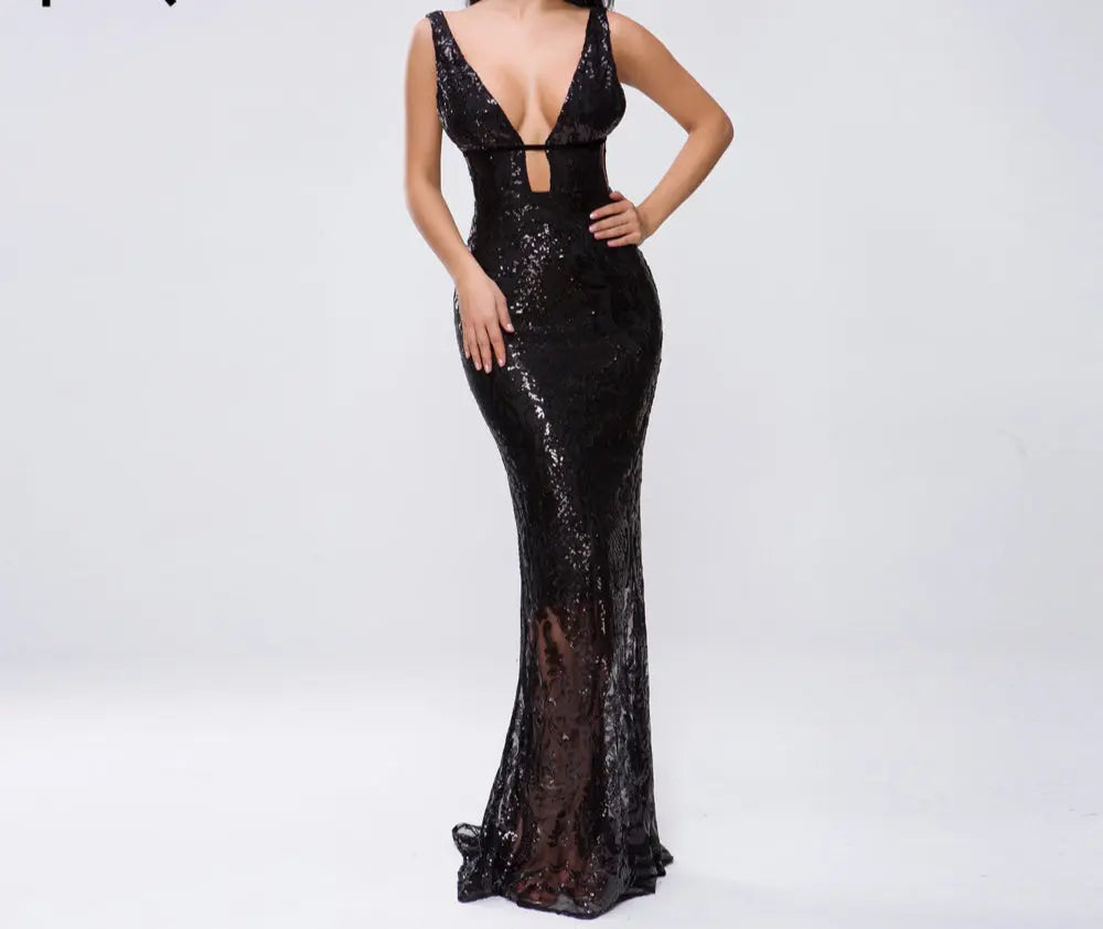 Sexy Hollow Out Sequin Maxi Dress - MSCOOCO