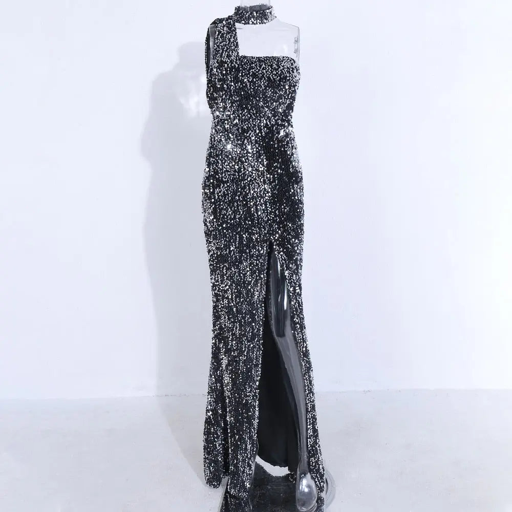 Sexy Irregular Neck Off the Shoulder High Split Maxi Dress - MSCOOCO