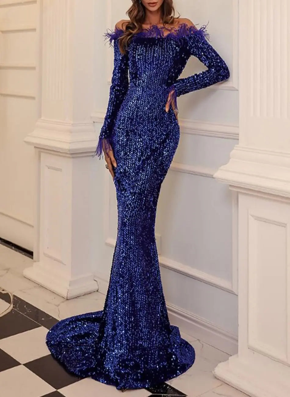 Shiny Sequin Feather Velvet Dress MSCOOCO