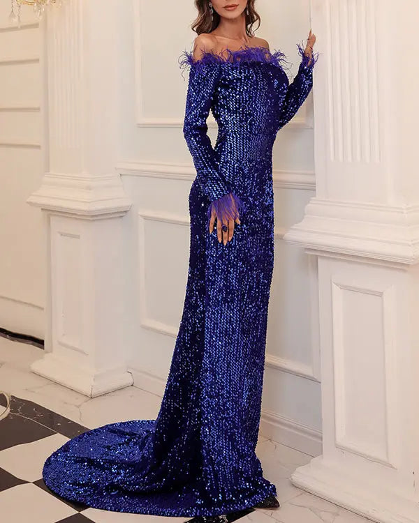 Shiny Sequin Feather Velvet Dress MSCOOCO