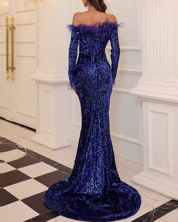 Shiny Sequin Feather Velvet Dress MSCOOCO
