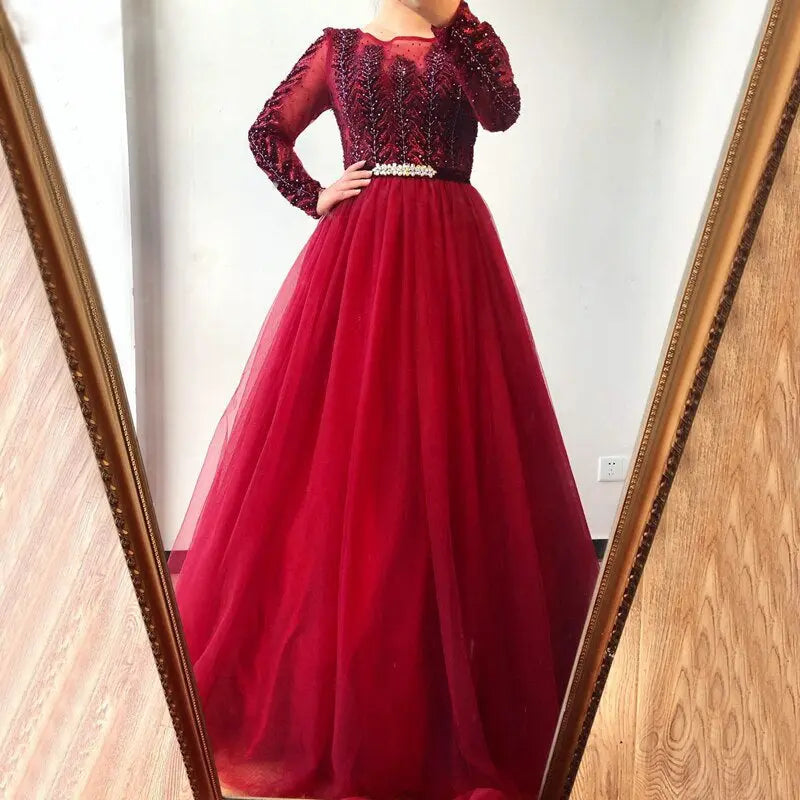 Sidiqah Wine Red Crystal A-Line Evening Dress Mscooco.co.uk