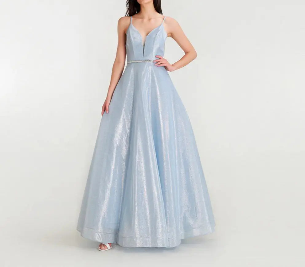 Sky Blue Sparkly Crystals A Line Gown - MSCOOCO
