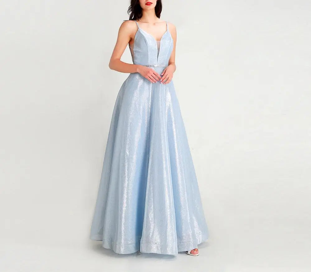 Sky Blue Sparkly Crystals A Line Gown - MSCOOCO
