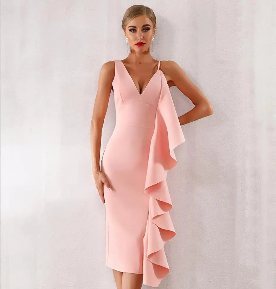 Sleeveless Ruffles Pink Bodycon Dress - MSCOOCO