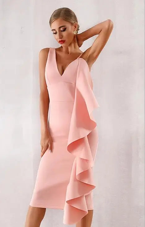 Sleeveless Ruffles Pink Bodycon Dress - MSCOOCO