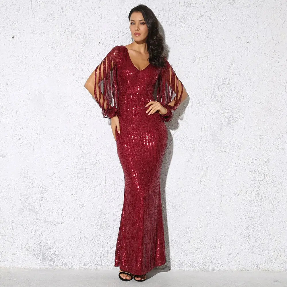 Striped Sequined Cut Out Long Sleeve Bodycon Maxi Dress - MSCOOCO
