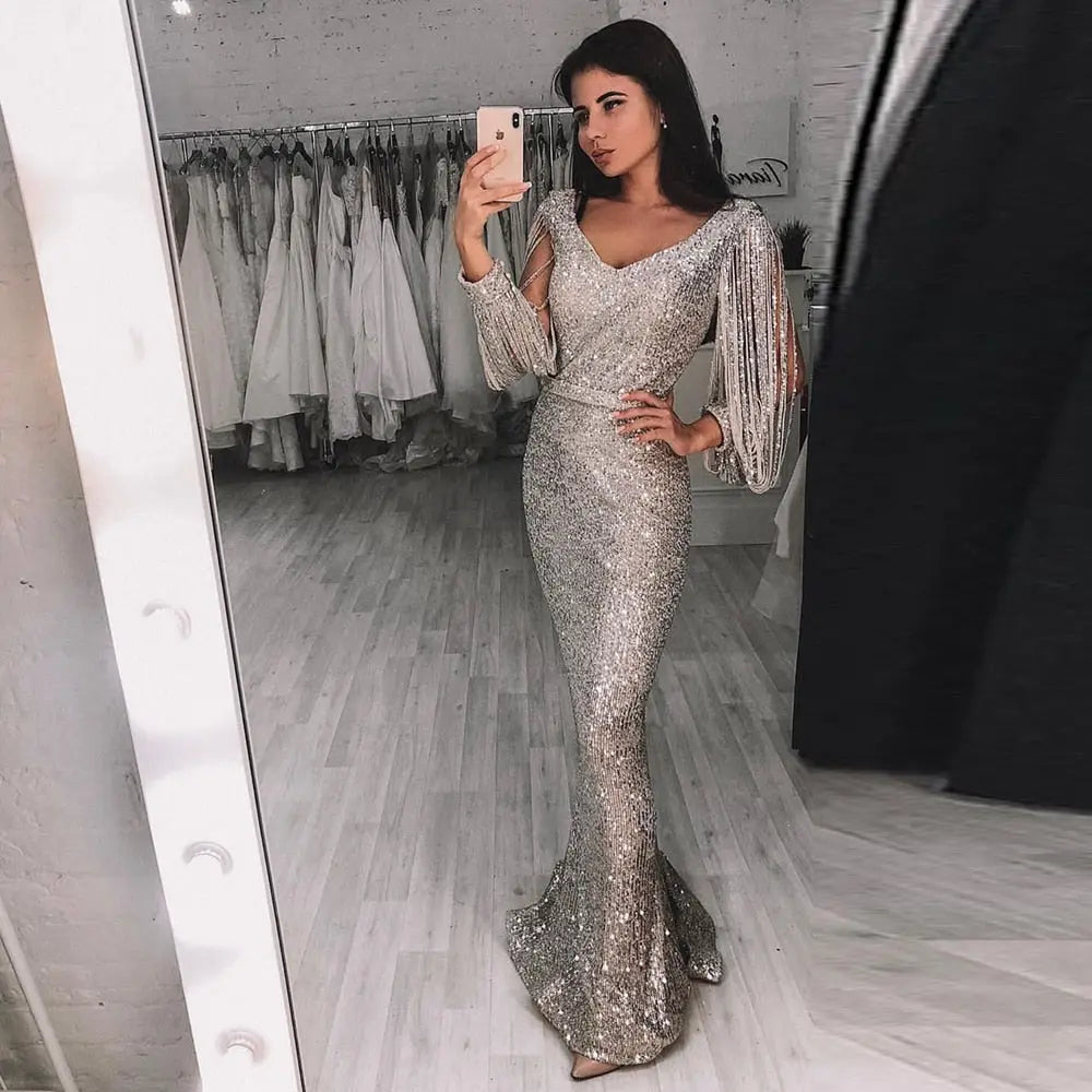 Striped Sequined Cut Out Long Sleeve Bodycon Maxi Dress - MSCOOCO