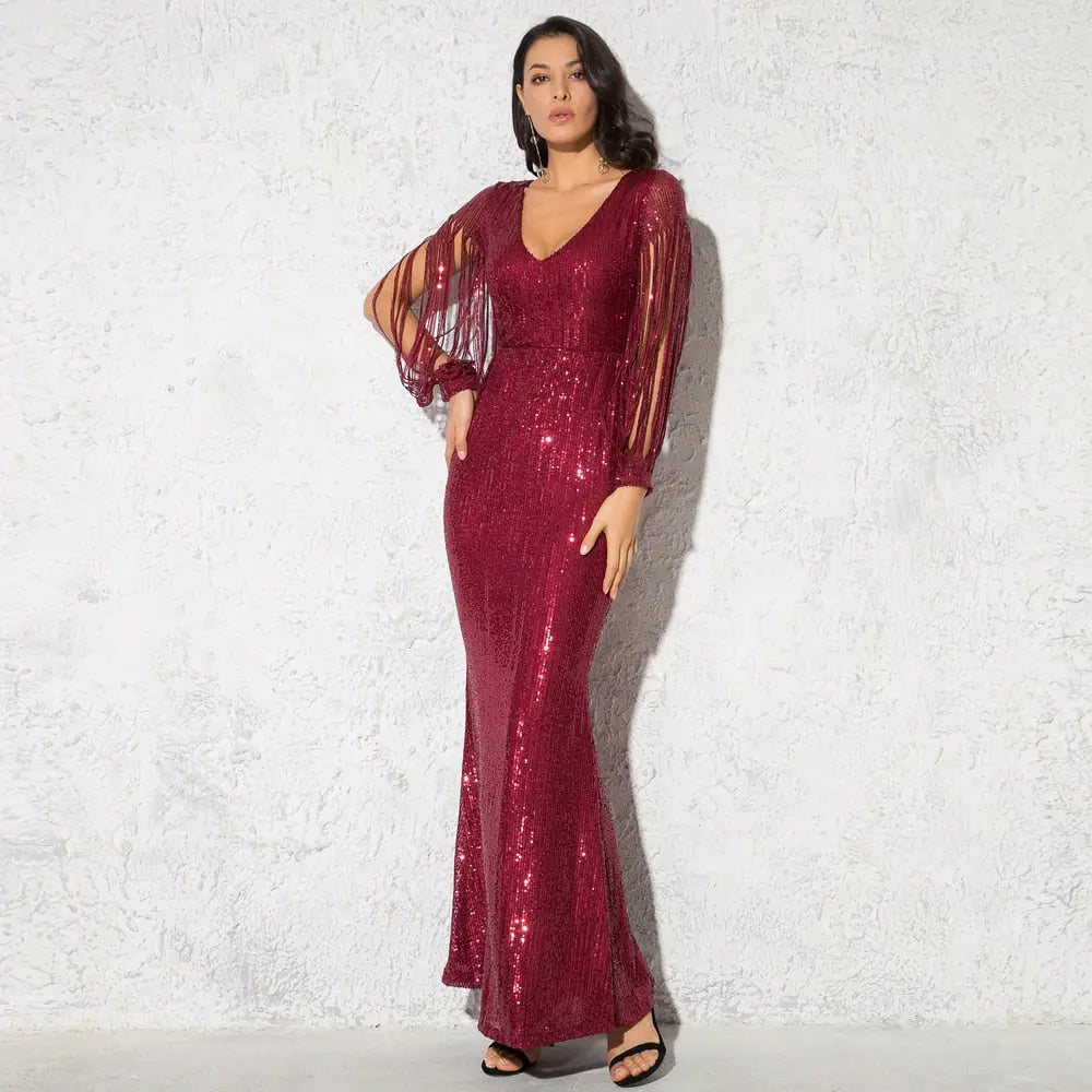 Striped Sequined Cut Out Long Sleeve Bodycon Maxi Dress - MSCOOCO