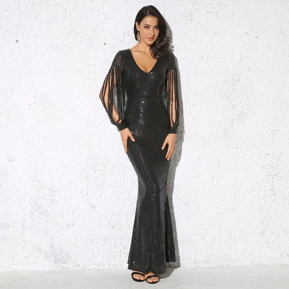 Striped Sequined Cut Out Long Sleeve Bodycon Maxi Dress - MSCOOCO