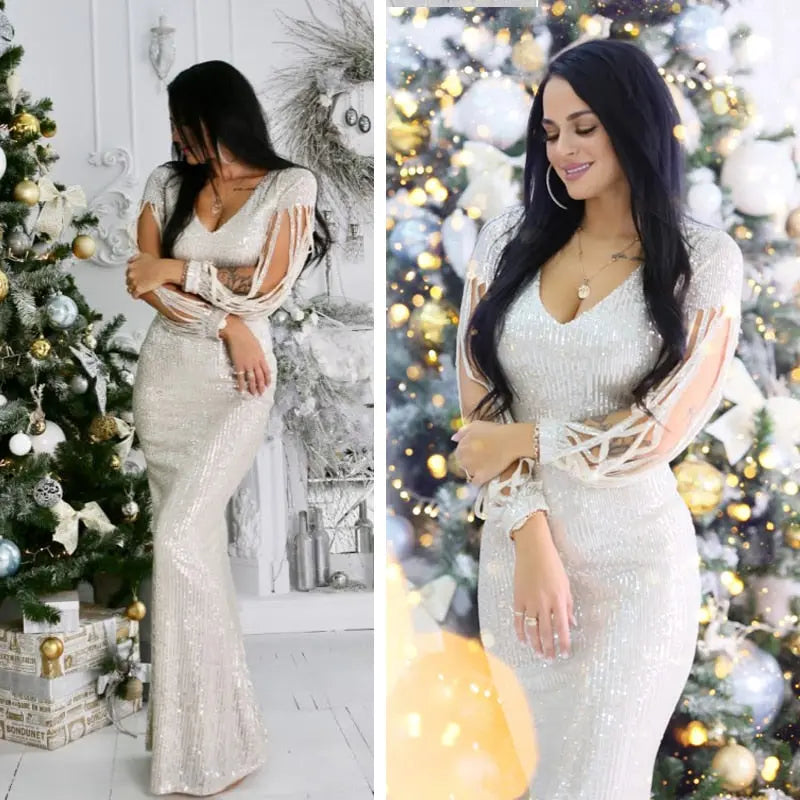 Striped Sequined Cut Out Long Sleeve Bodycon Maxi Dress - MSCOOCO