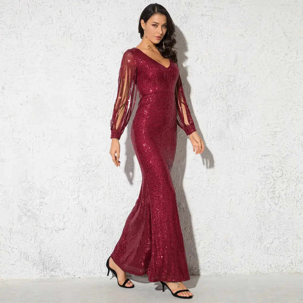 Striped Sequined Cut Out Long Sleeve Bodycon Maxi Dress - MSCOOCO