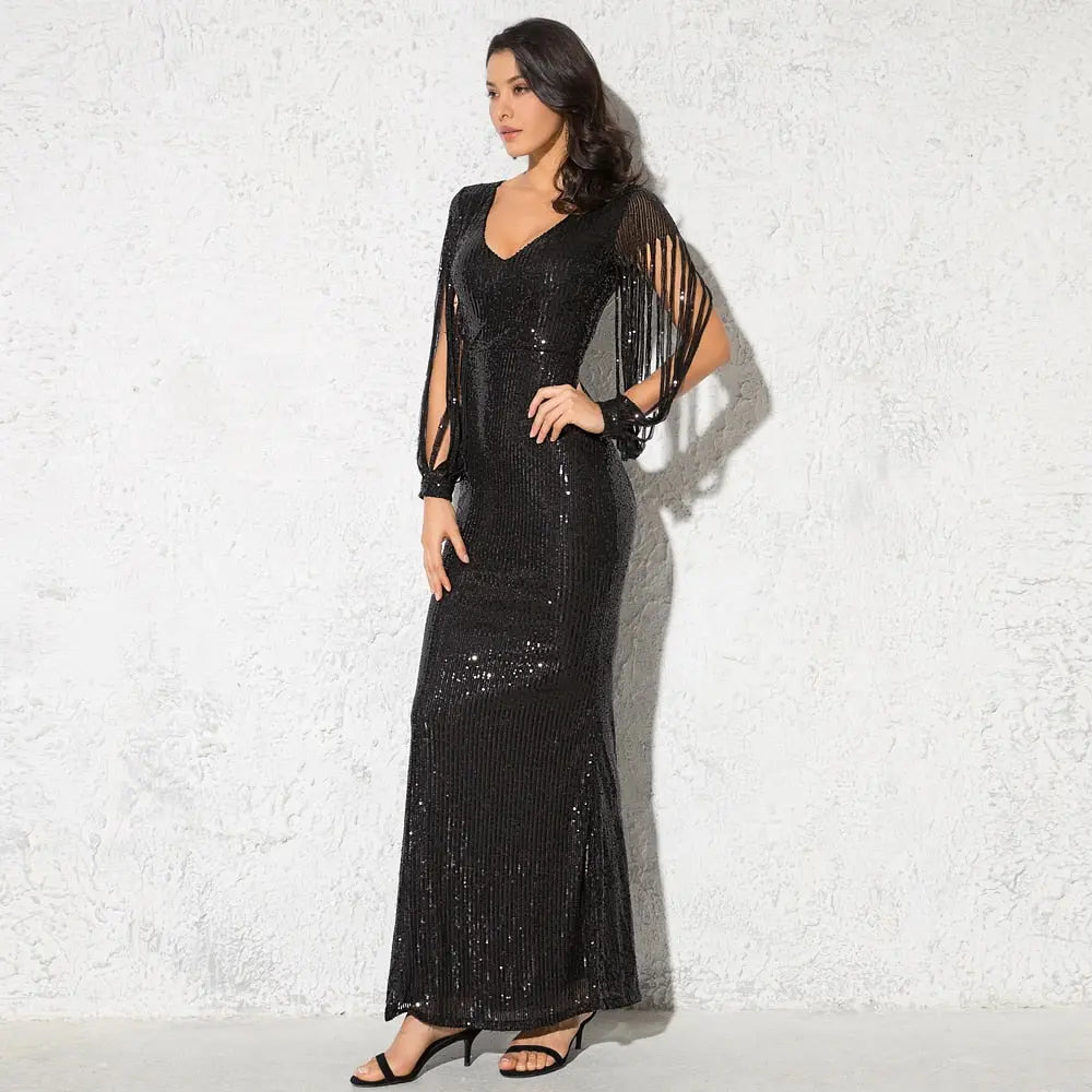 Striped Sequined Cut Out Long Sleeve Bodycon Maxi Dress - MSCOOCO