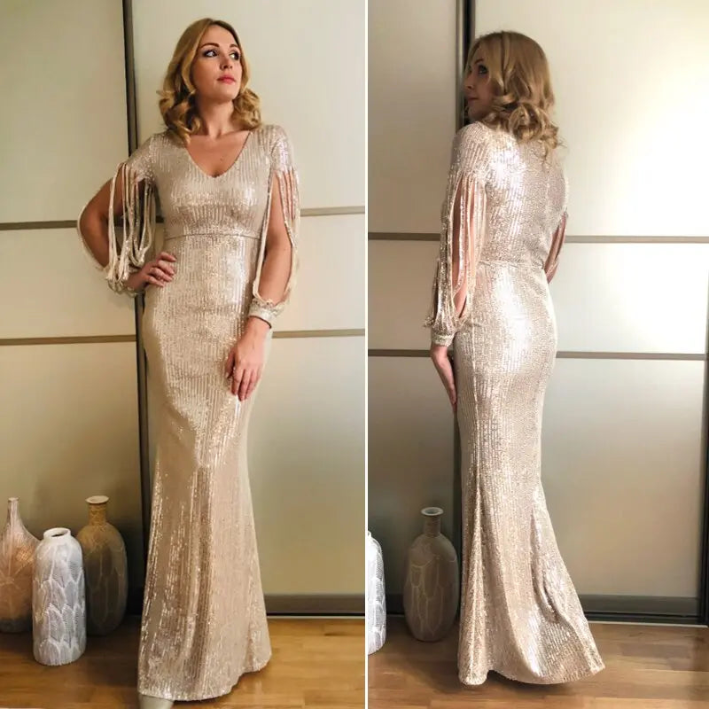 Striped Sequined Cut Out Long Sleeve Bodycon Maxi Dress - MSCOOCO