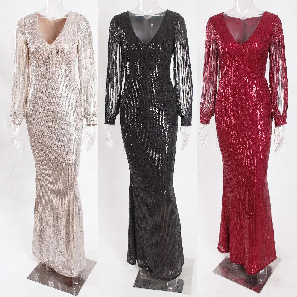 Striped Sequined Cut Out Long Sleeve Bodycon Maxi Dress - MSCOOCO