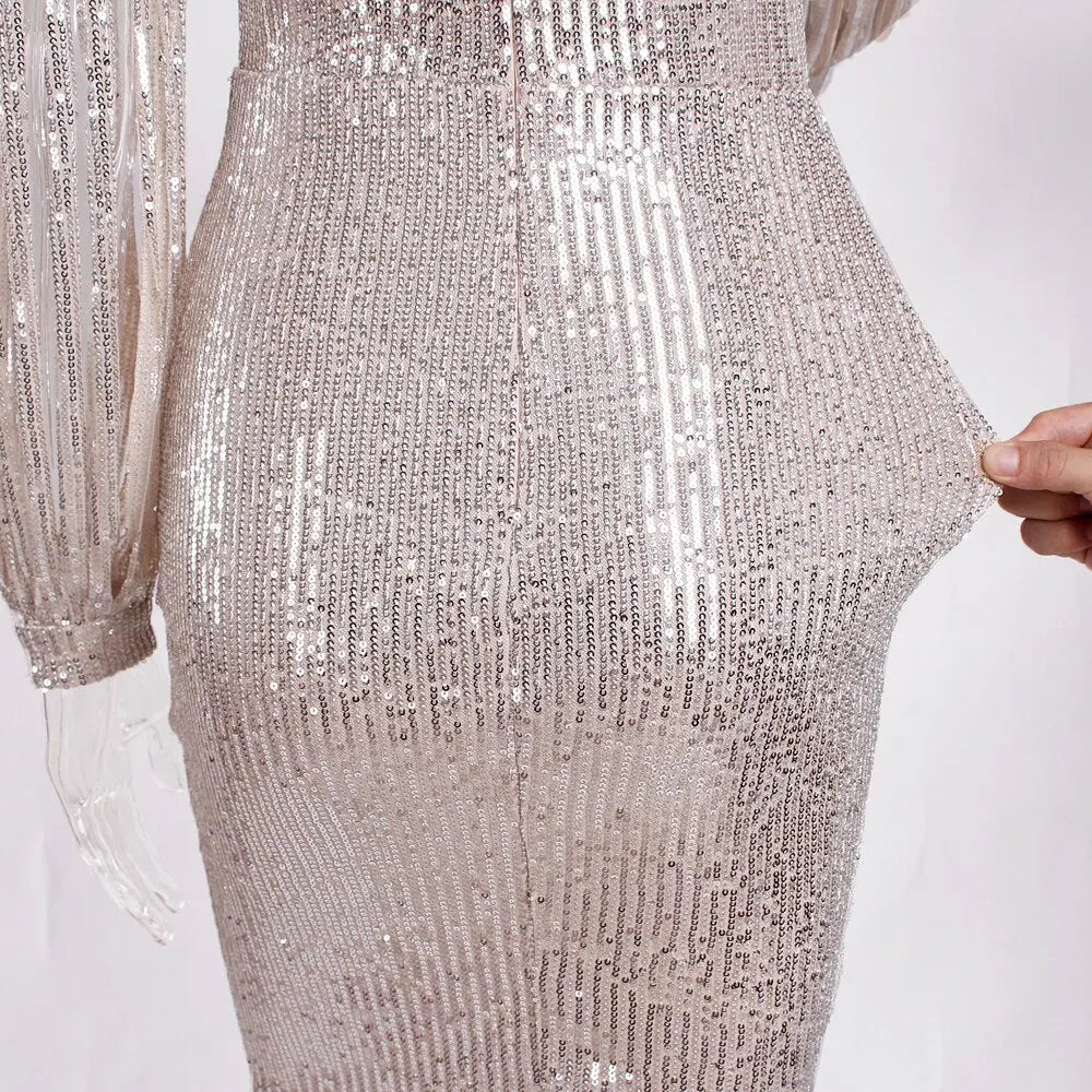 Striped Sequined Cut Out Long Sleeve Bodycon Maxi Dress - MSCOOCO