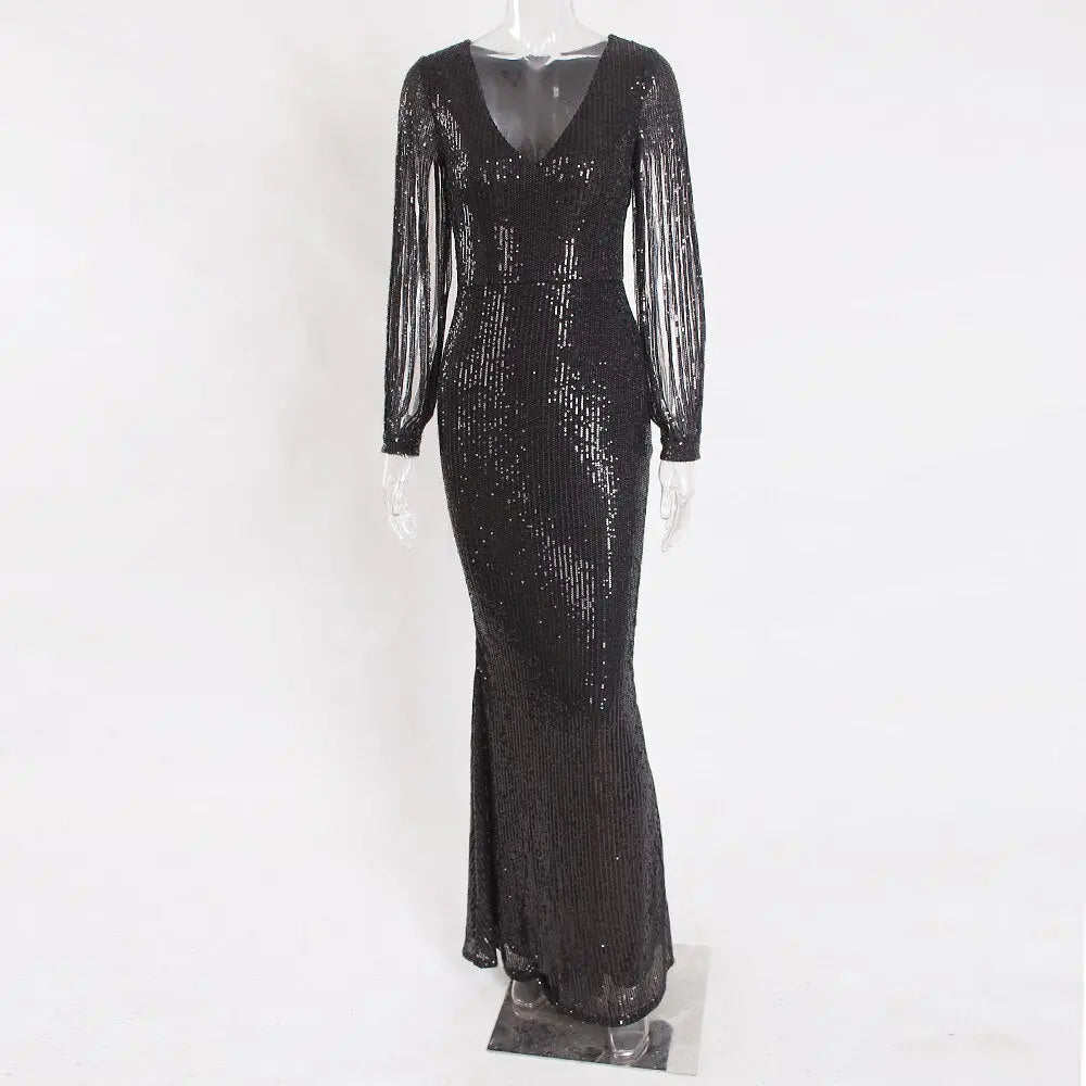 Striped Sequined Cut Out Long Sleeve Bodycon Maxi Dress - MSCOOCO