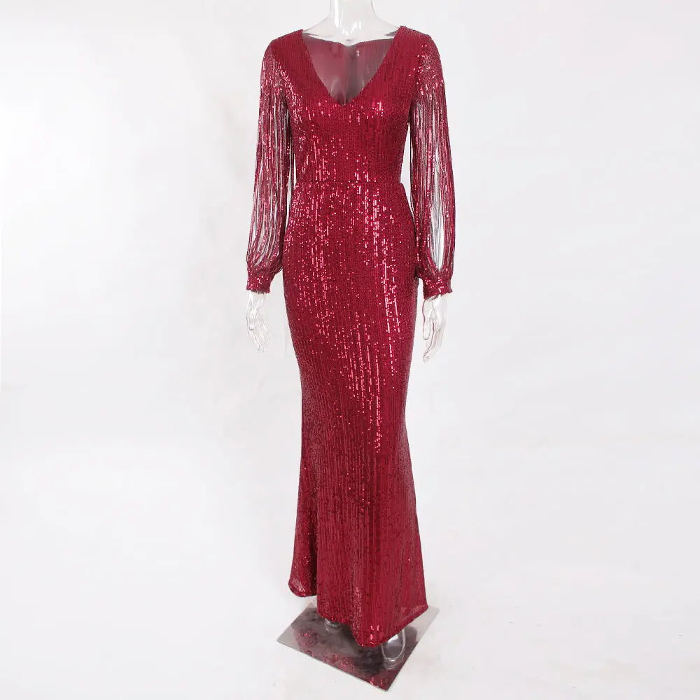 Striped Sequined Cut Out Long Sleeve Bodycon Maxi Dress - MSCOOCO