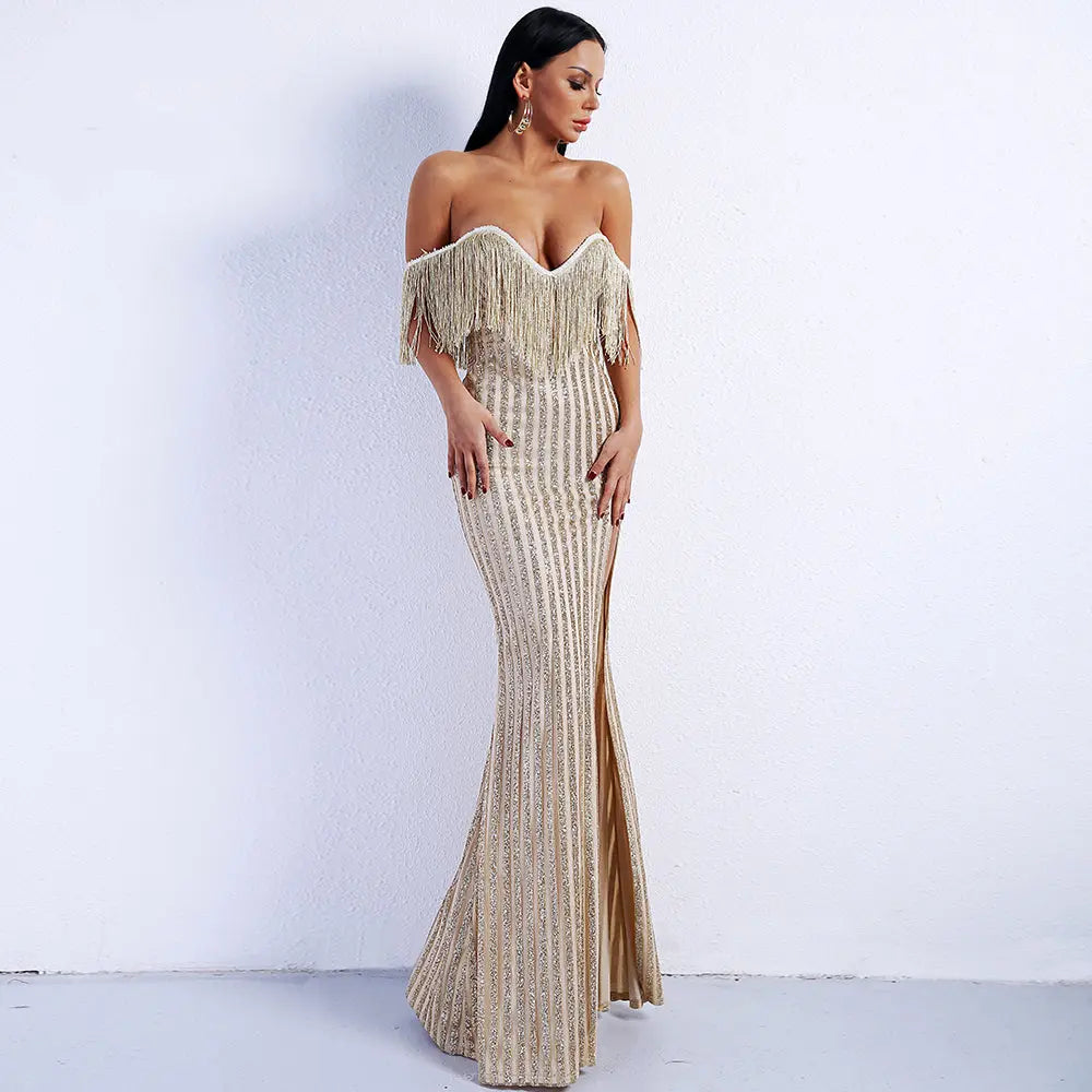 Tassel Glitter High Split Maxi Dress - MSCOOCO