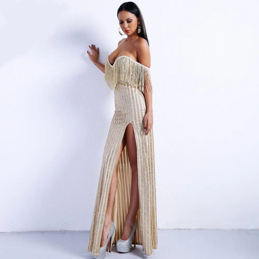 Tassel Glitter High Split Maxi Dress - MSCOOCO