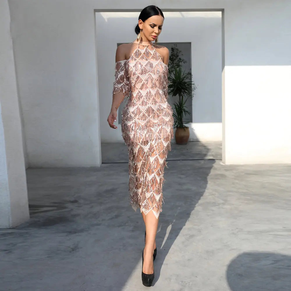 Tassel Sequin Split Elegant Dress - MSCOOCO