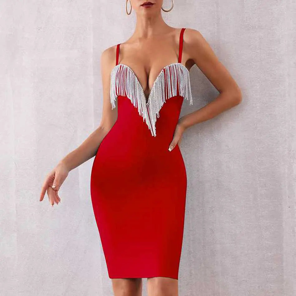 Tassels Spaghetti Strap Bandage Dress - MSCOOCO
