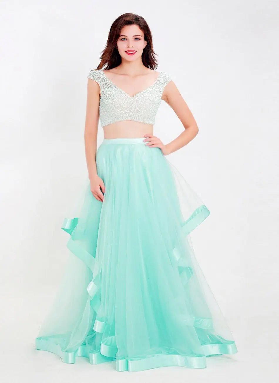 Treasure Light Green Pearls Tulle Two Piece Gown Mscooco.co.uk