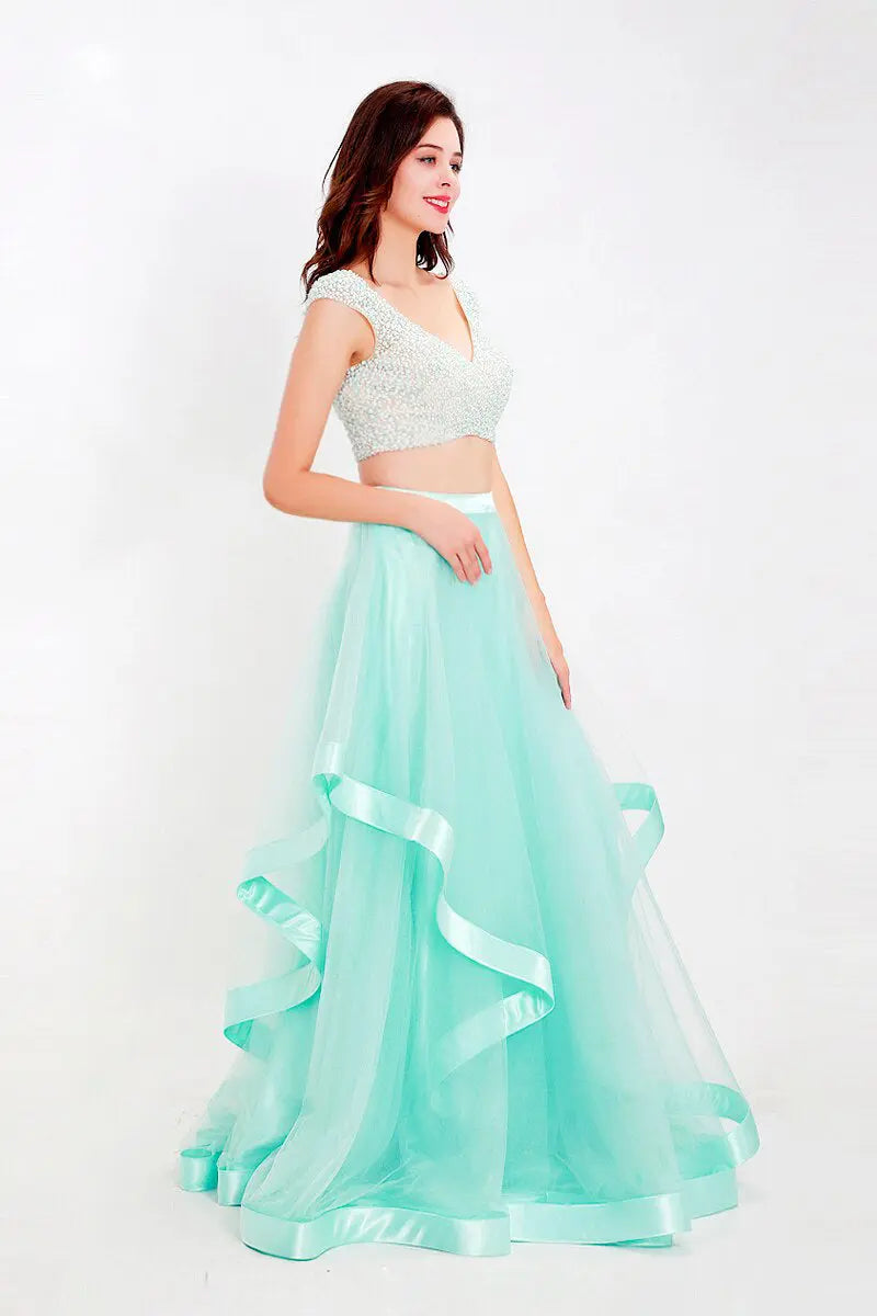 Treasure Light Green Pearls Tulle Two Piece Gown Mscooco.co.uk